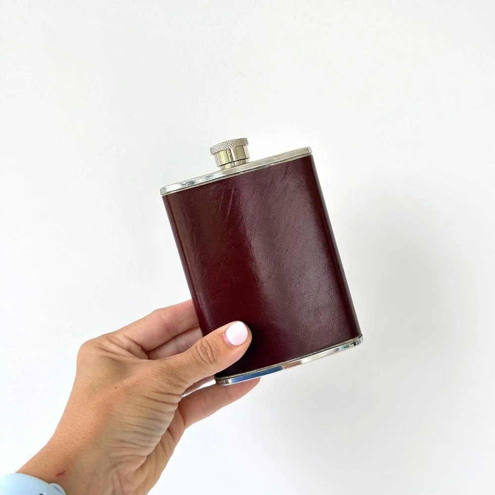 Vintage 6oz Stainless Steel Hip Flask Burgundy Leatherette Wrap Pocket Barware